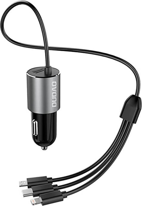 Dudao 3v1 USB autonabíječka s vestavěným kabelem 3,4 A s Lightning / USB typu C / micro USB, černá (R5ProN černá)