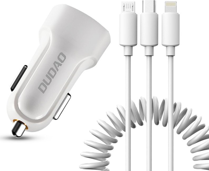 Autonabíječka Dudao 2x USB 2.4A + kabel USB 3v1 Lightning / Type-C / micro USB kabel bílý (R7 bílý)