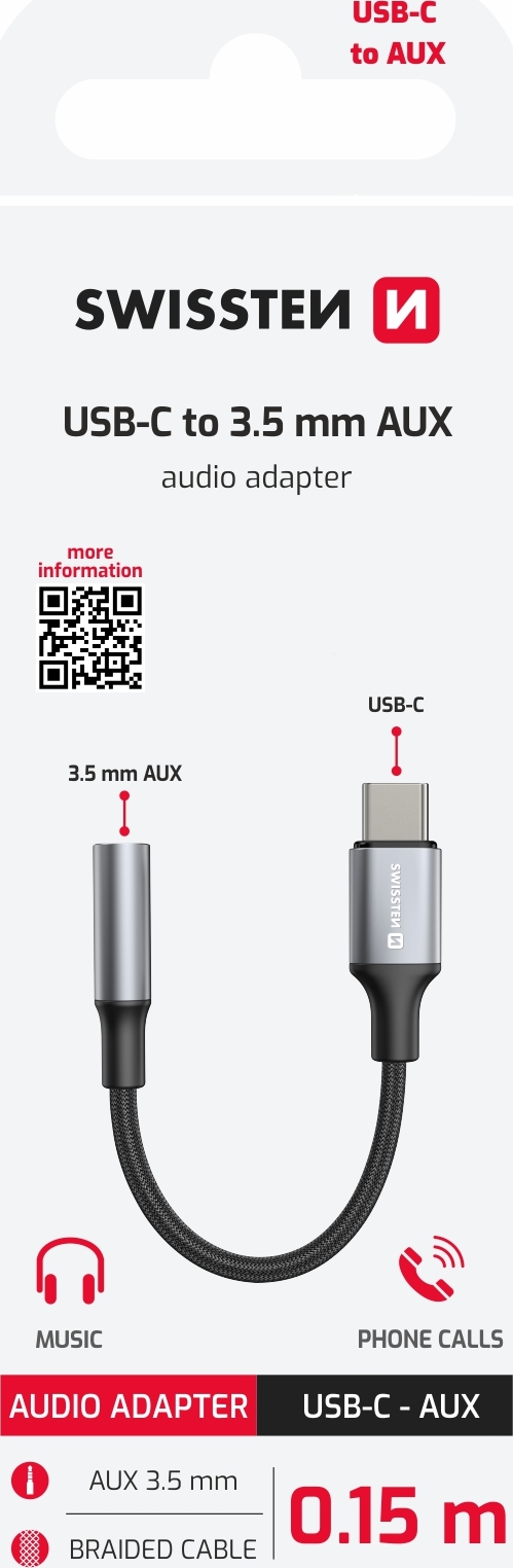 AUDIO ADAPTÉR SWISSTEN TEXTILE USB-C (samec) / 3,5mm AUX 0,15 M ČERNÝ