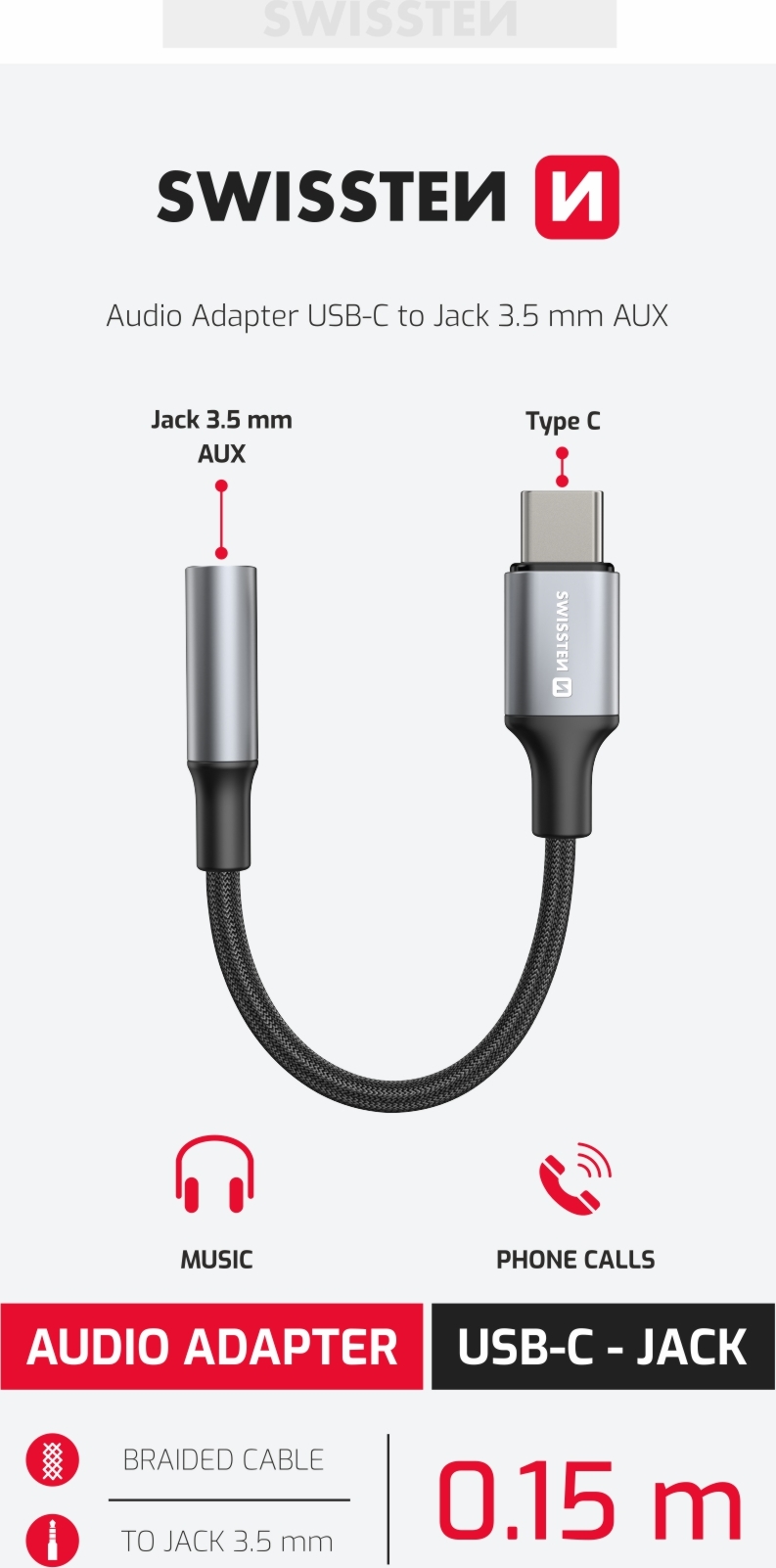 AUDIO ADAPTÉR SWISSTEN TEXTILE USB-C (samec) / 3,5mm AUX 0,15 M ČERNÝ