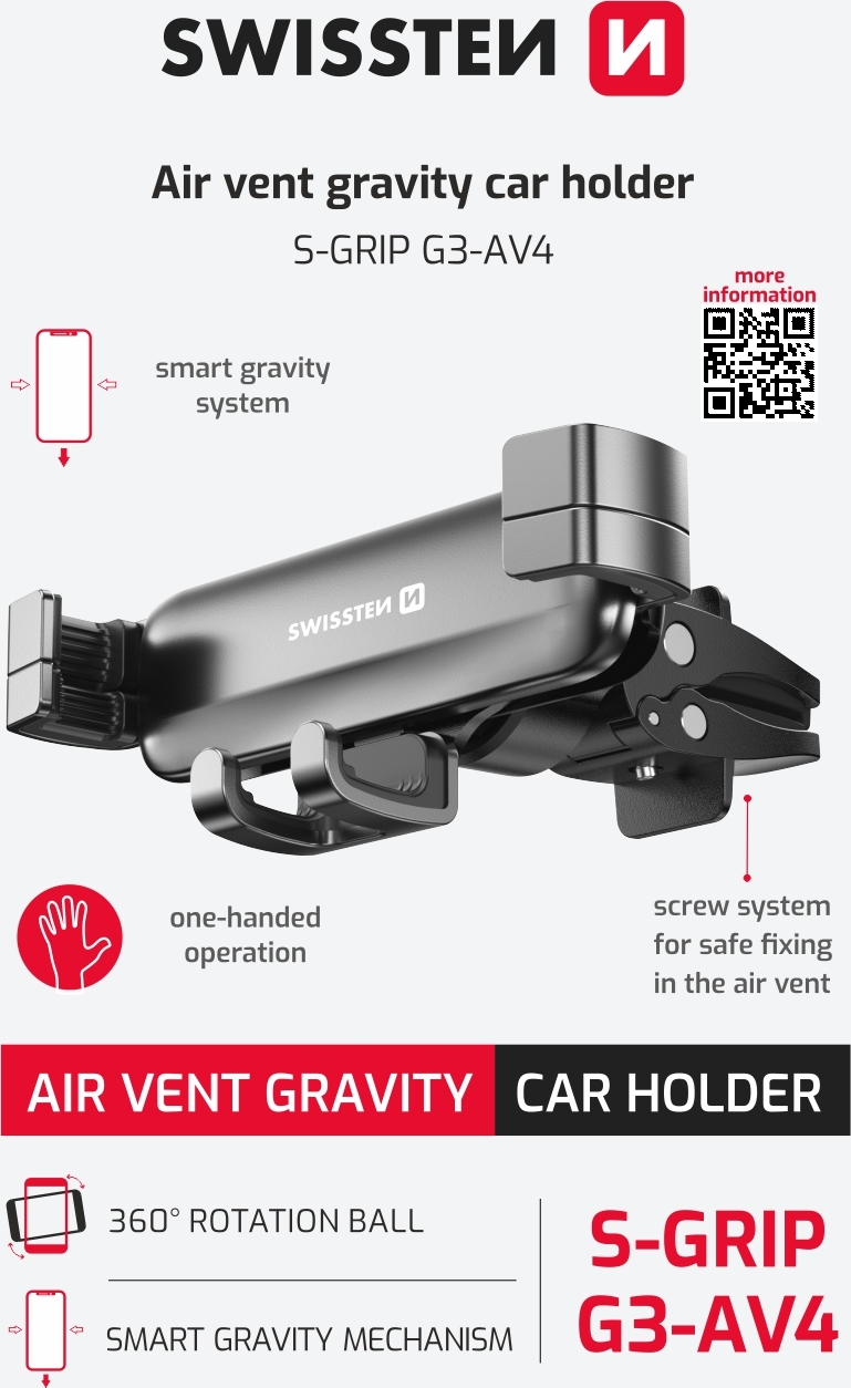 GRAVITY DRŽÁK DO VENTILACE AUTA SWISSTEN S-GRIP G3-AV4