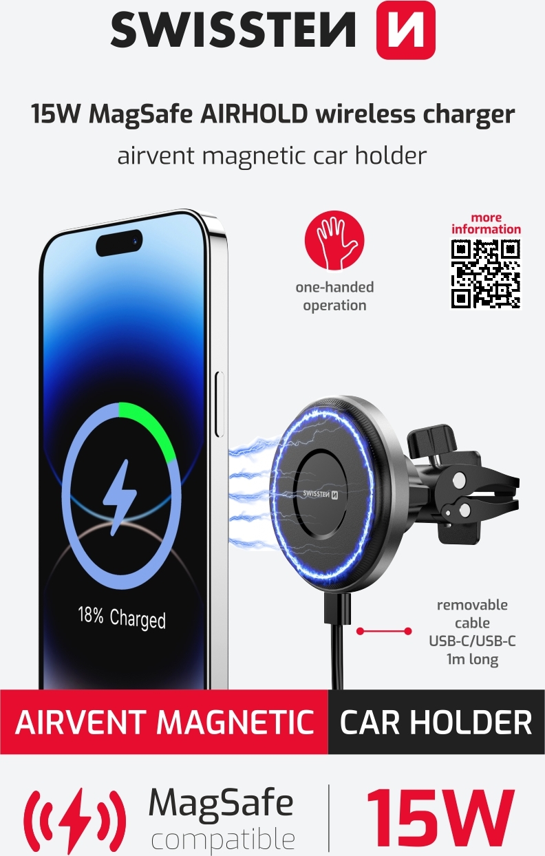 SWISSTEN MAGNETICKÝ DRŽÁK DO VENTILACE AUTA AIRHOLD S BEZDRÁTOVÝM NABÍJENÍM 15W / 7,5W (kompatibilní s MagSafe)