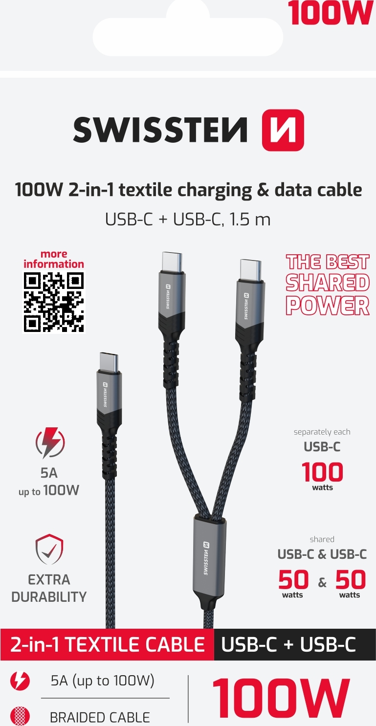 SWISSTEN NABÍJECÍ KABEL 2v1 100W USB-C / 2x USB-C 1,5 M ČERNÝ