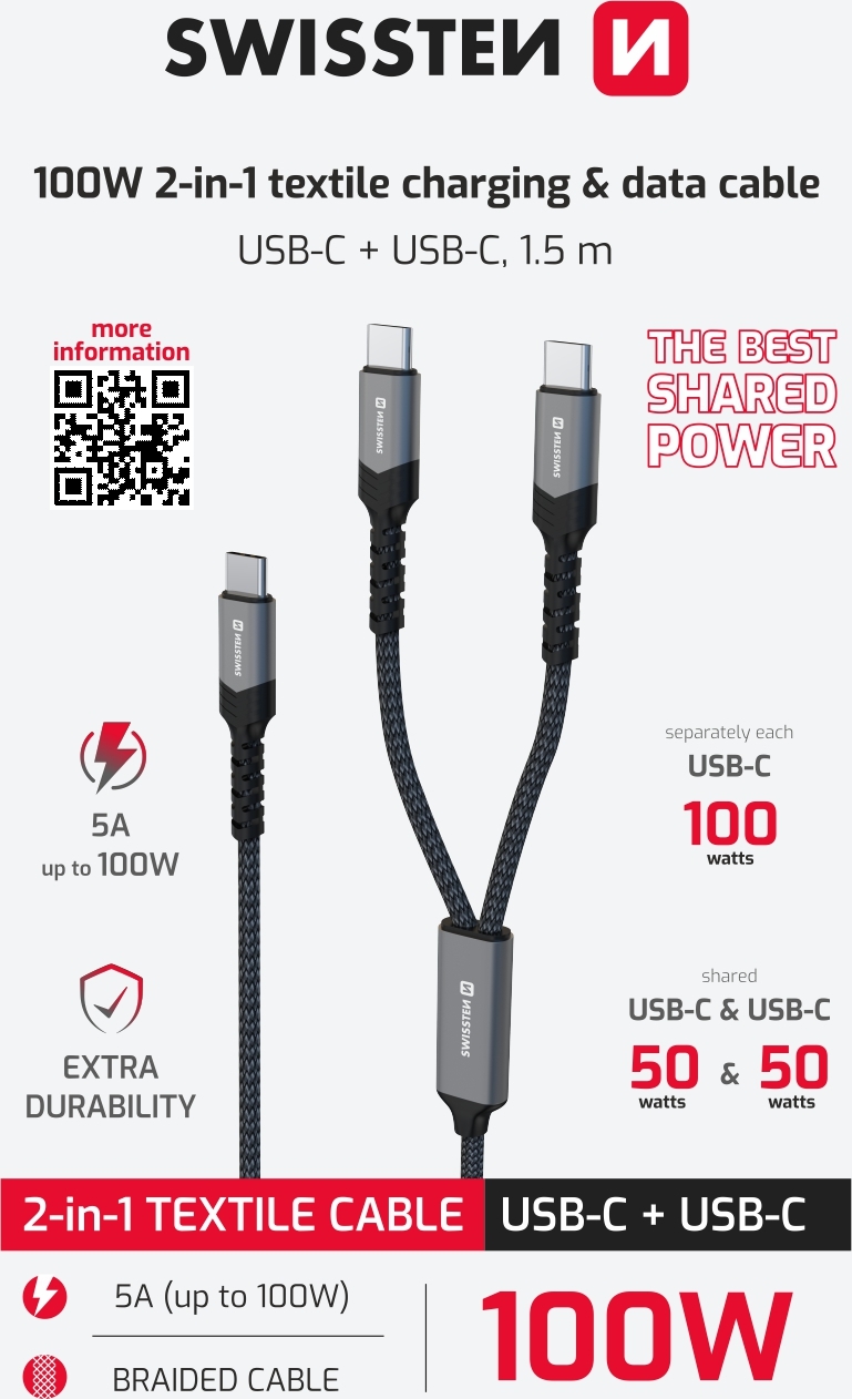 SWISSTEN NABÍJECÍ KABEL 2v1 100W USB-C / 2x USB-C 1,5 M ČERNÝ