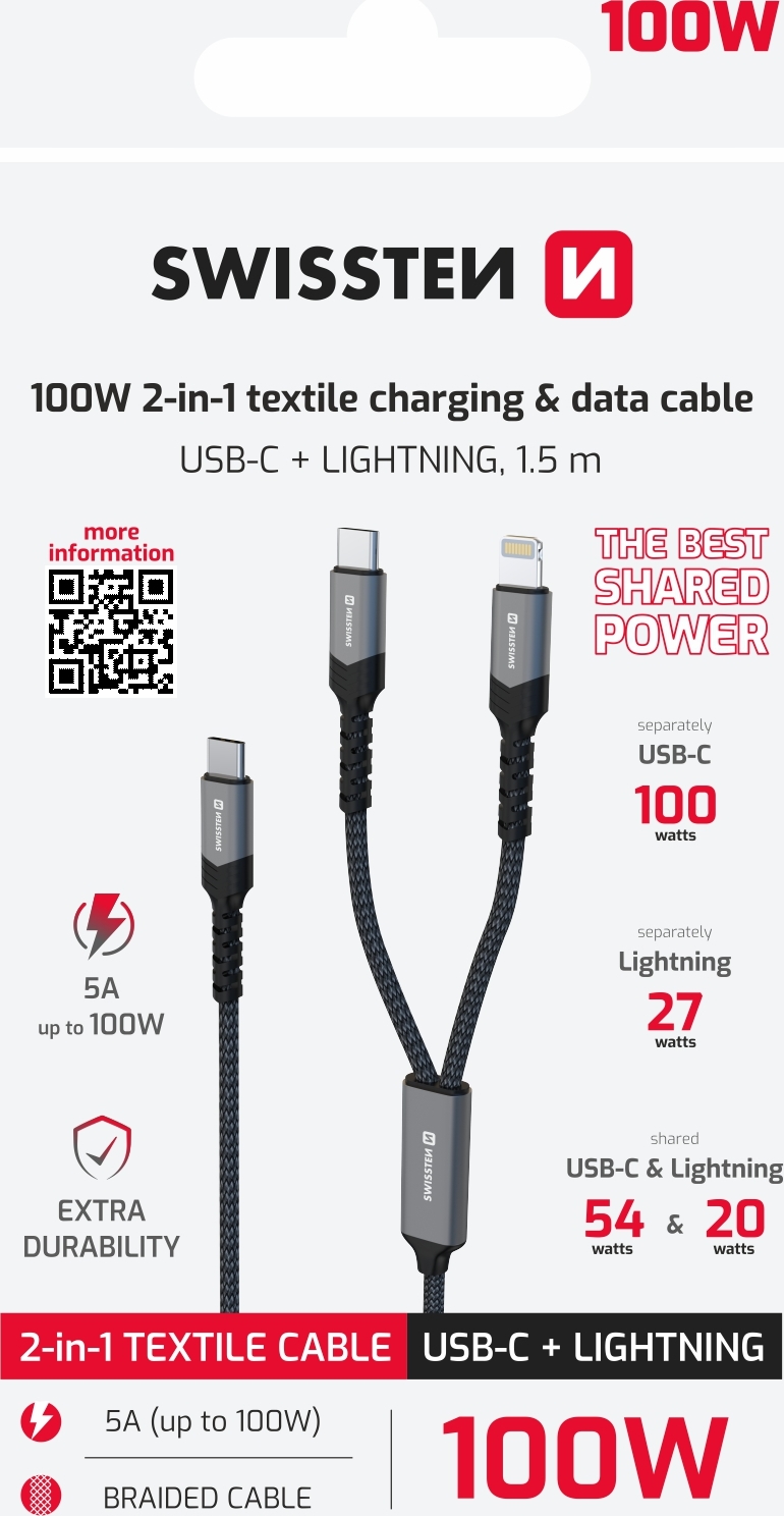 SWISSTEN NABÍJECÍ KABEL 2v1 100W USB-C / USB-C + LIGHTNING 1,5 M ČERNÝ
