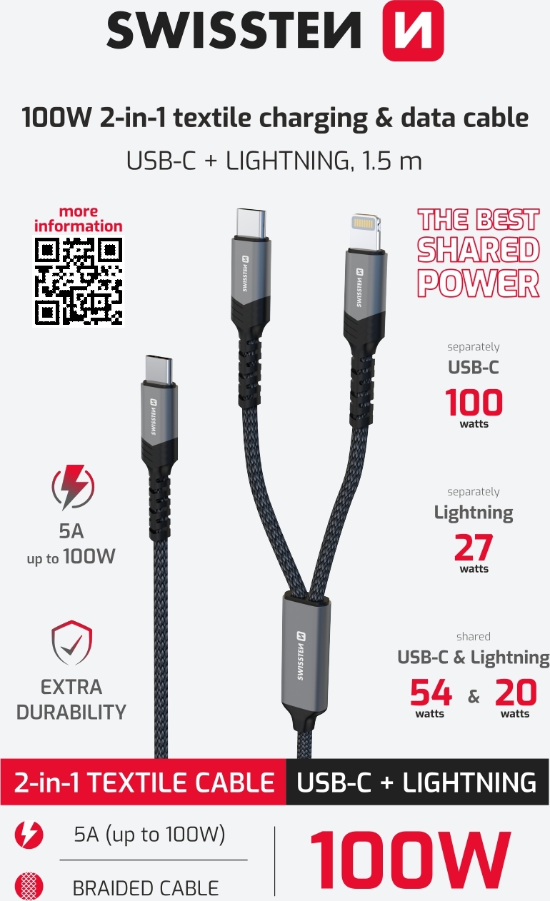 SWISSTEN NABÍJECÍ KABEL 2v1 100W USB-C / USB-C + LIGHTNING 1,5 M ČERNÝ