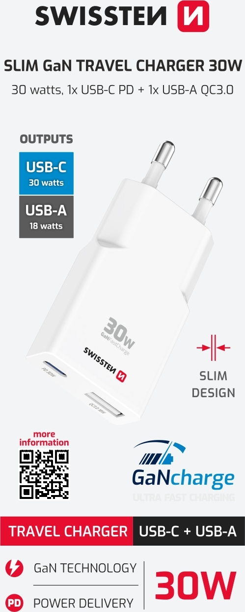 SWISSTEN TENKÝ SÍŤOVÝ ADAPTÉR GaN USB-C + USB-A 30W BÍLÝ