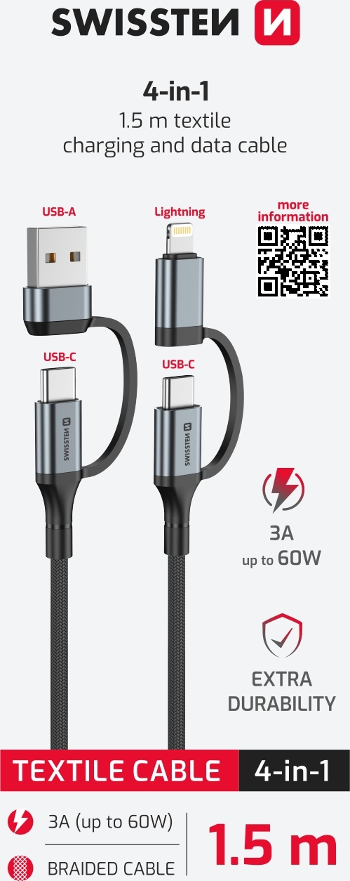 TEXTILNÍ DATOVÝ KABEL SWISSTEN 4in1, 3A 1,5 M ČERNÝ