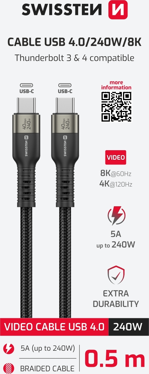 SWISSTEN DATOVÝ VIDEO KABEL USB 4.0, USB-C, 240W, 8K@60Hz, 40 GB/s, TB3 & TB4, 0,5 M ČERNÝ