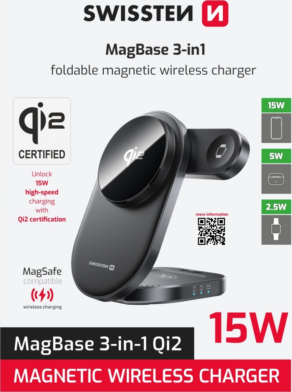 SWISSTEN SKLÁDACÍ BEZDRÁTOVÁ Qi2 NABÍJEČKA MagBase 3v1 ČERNÁ (kompatibilní s MagSafe)