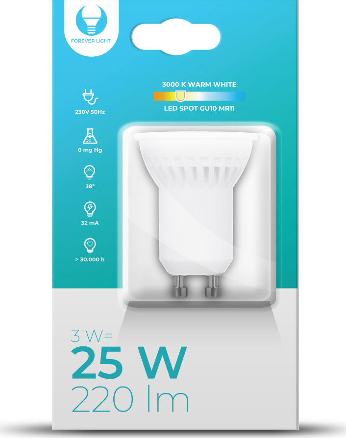 LED žárovka GU10 MR11 3W 230V 3000K 220lm keramická Forever Light