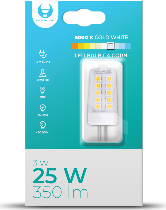 LED žárovka G4 Corn 3W 12V 6000K 350lm Forever Light