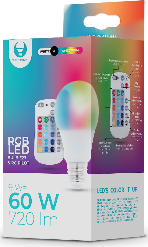LED žárovka E27 A60 RGB + bílá 9W + RC Forever Light