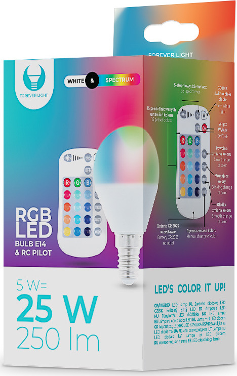 LED žárovka E14 G45 RGB + bílá 5W + RC Forever Light