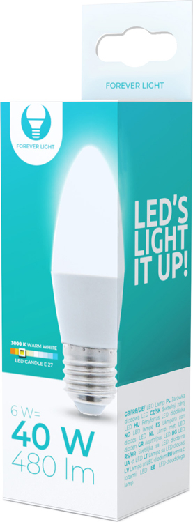 LED žárovka E27 C37 6W 3000K 480lm Forever Light