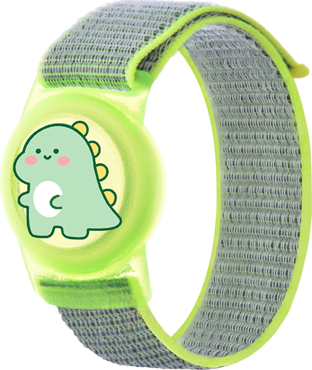 Pouzdro AirTag s náramkem pro děti, nylonové, na zápěstí - s dinosaurem a zeleným řemínkem