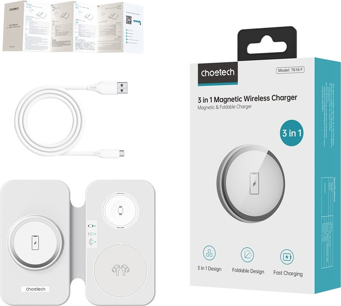 Bezdrátová Qi nabíječka Choetech T616-F 3 v 1 – pro iPhone, AirPods a Apple Watch (bílá)