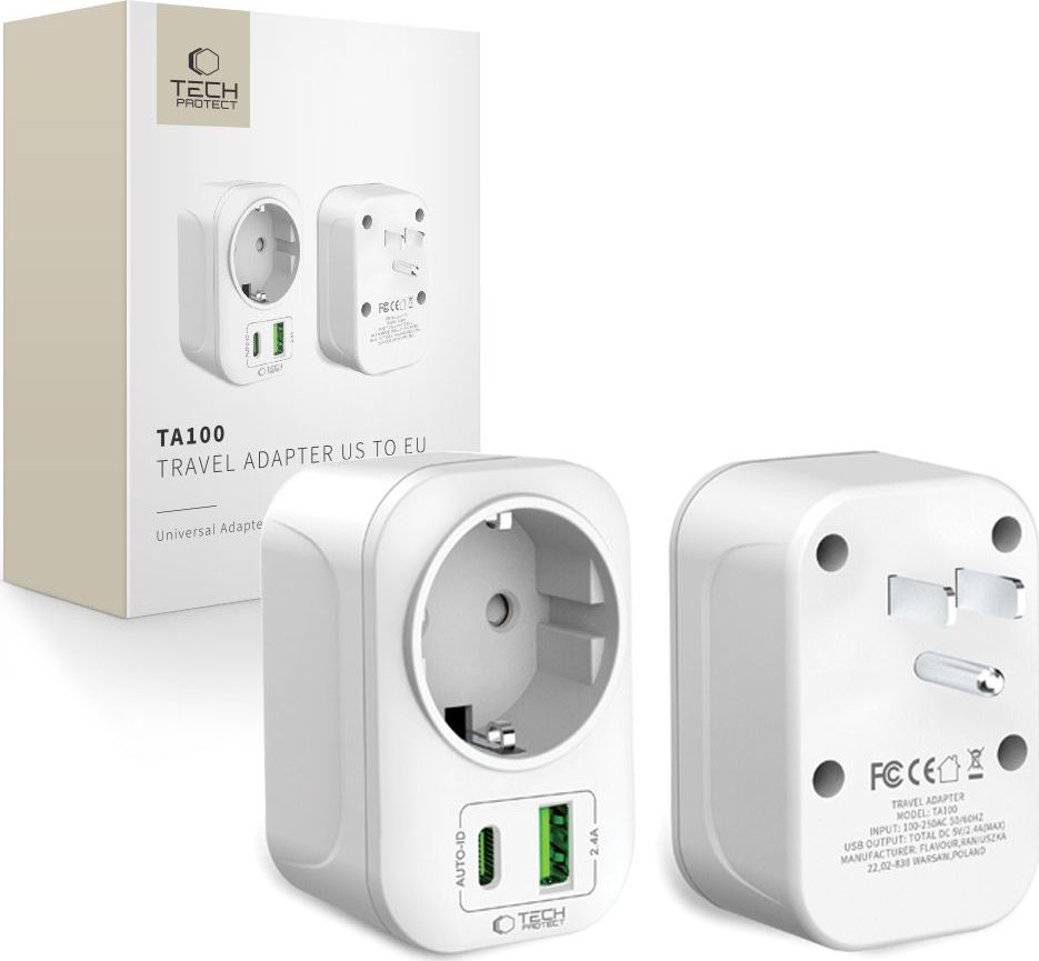 TECH-PROTECT TA100 TRAVEL ADAPTER US TO EU WHITE