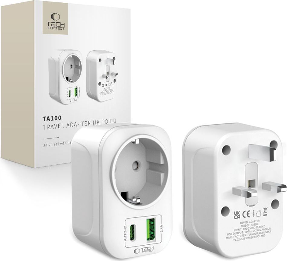TECH-PROTECT TA100 TRAVEL ADAPTER UK TO EU WHITE