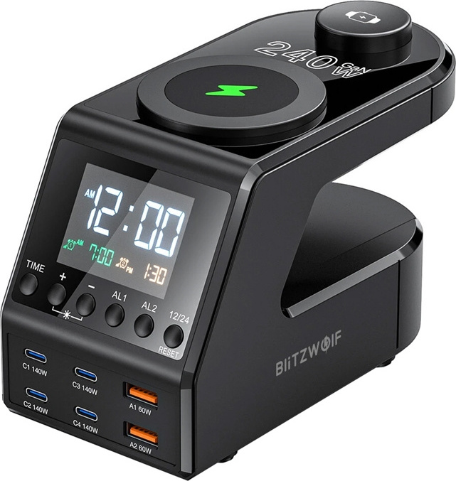 Budík Blitzwolf BW-FW10 s GaN a bezdrátovou nabíječkou 2xUSB-A, 4xUSB-C, 240W