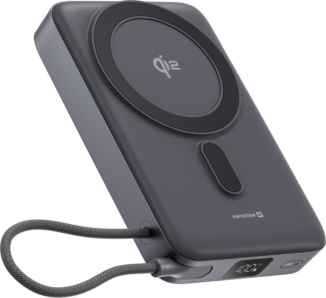 SWISSTEN POWER BANK MagSafe Qi2 10000 mAh 15W S INTEGROVANÝM KABELEM USB-C ČERNÁ
