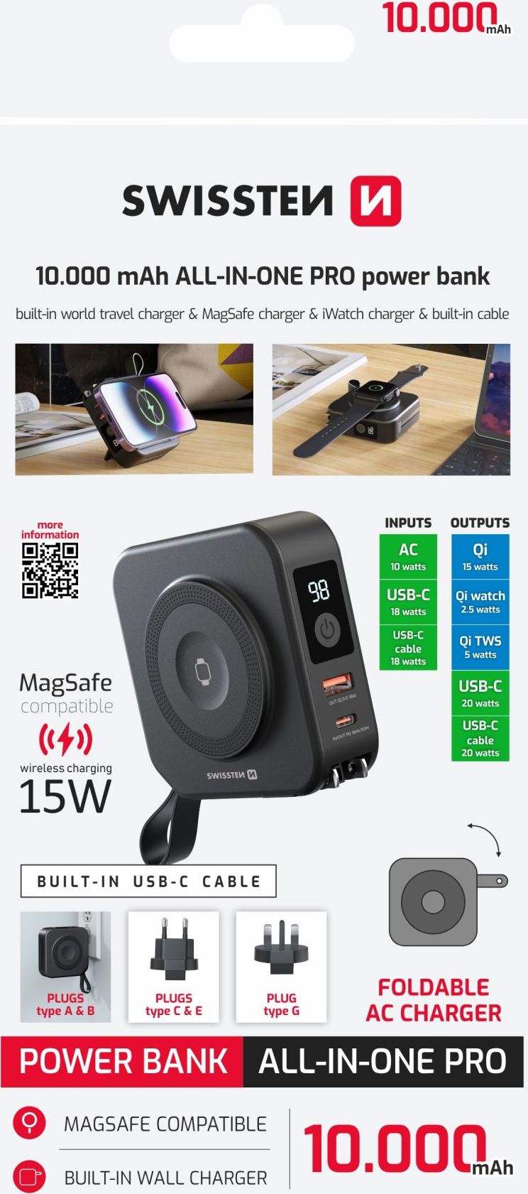 SWISSTEN POWER BANK ALL-IN-ONE PRO S VÝMĚNNÝMI VIDLICEMI (USA, EU, UK) 10000 mAh 20W ČERNÁ