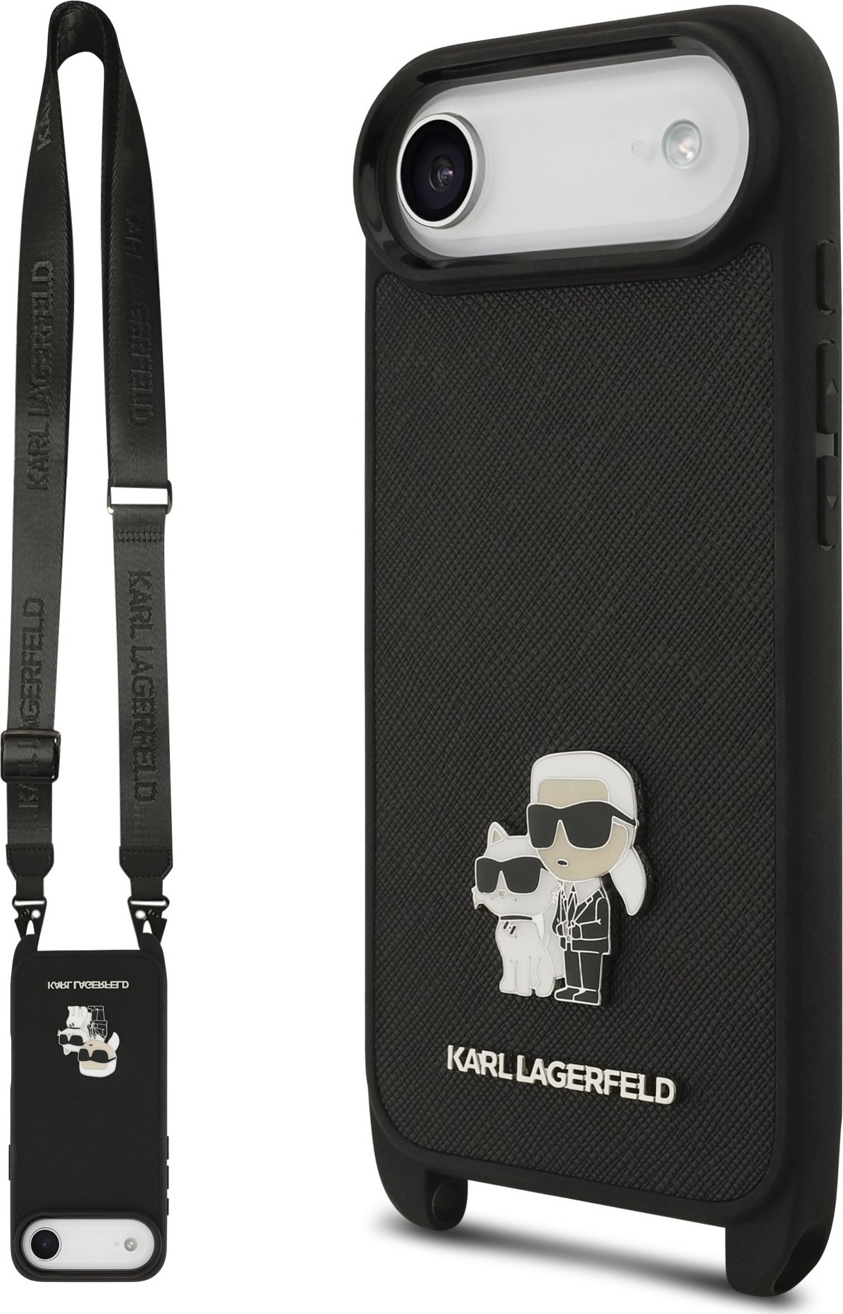 Karl Lagerfeld Saffiano Crossbody Popruh Metal Karl and Choupette Zadní Kryt pro iPhone Air Black