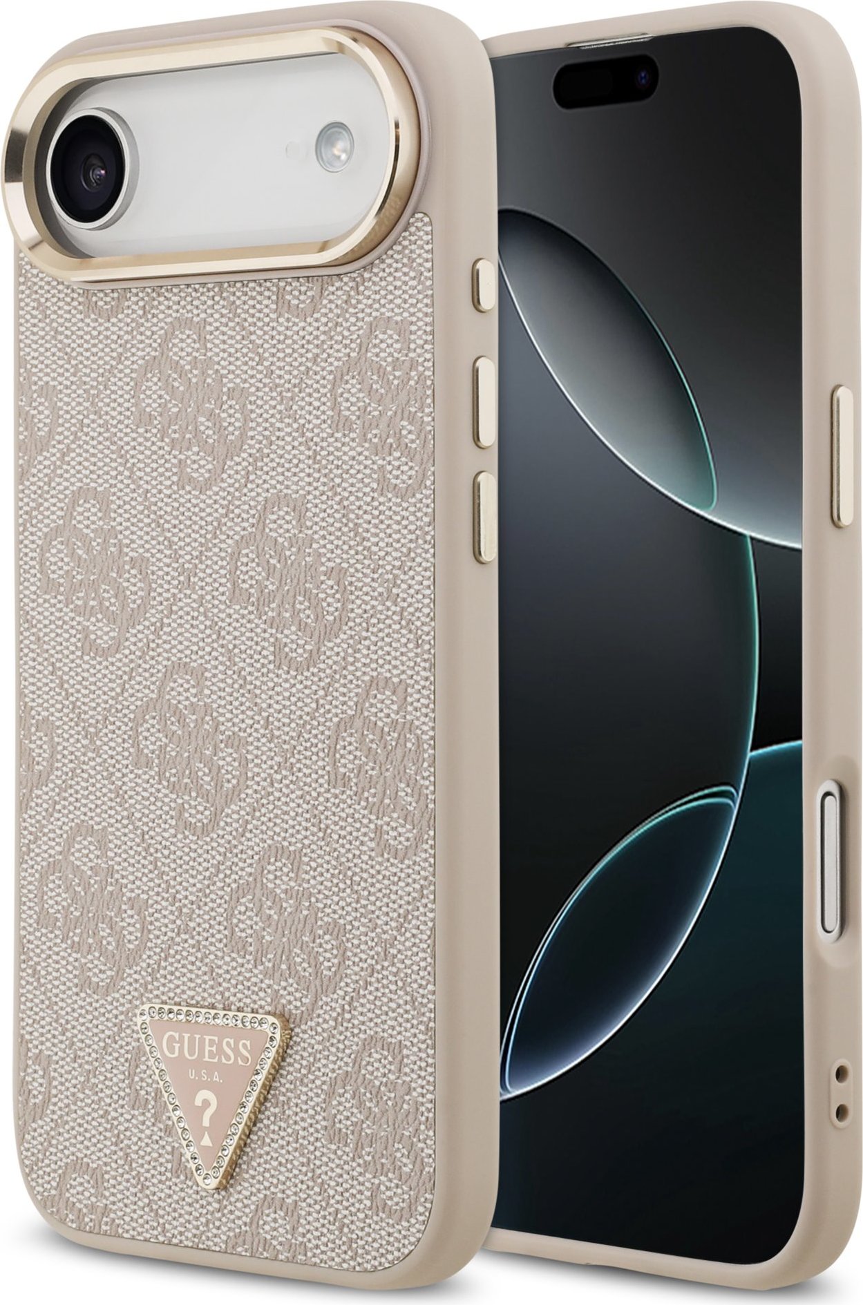 Guess PU Leather 4G Strass Triangle Logo Gold Frame MagSafe Zadní Kryt pro iPhone Air Pink