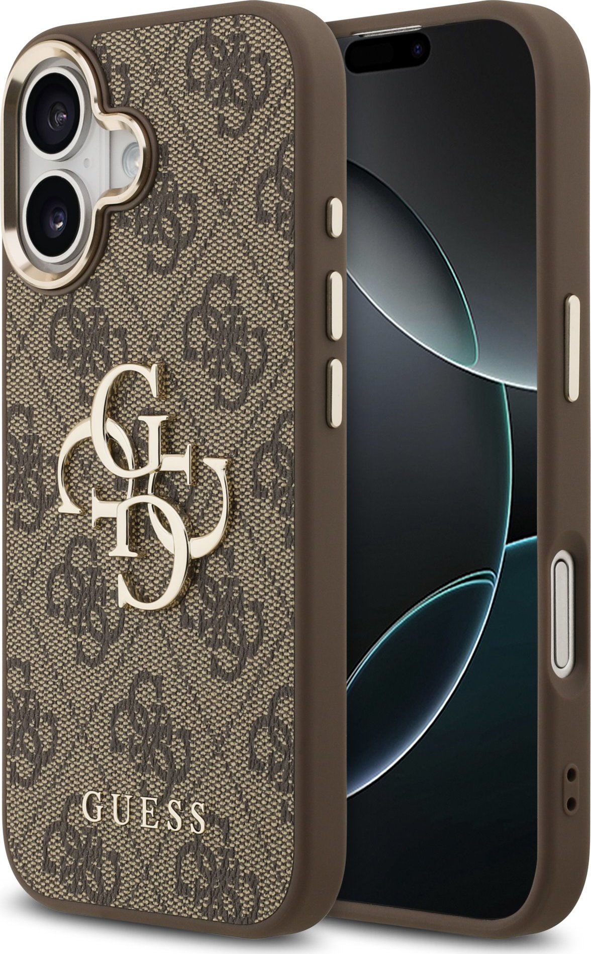 Guess PU Leather 4G Metal Logo Gold Frame Zadní Kryt pro iPhone 17 Brown