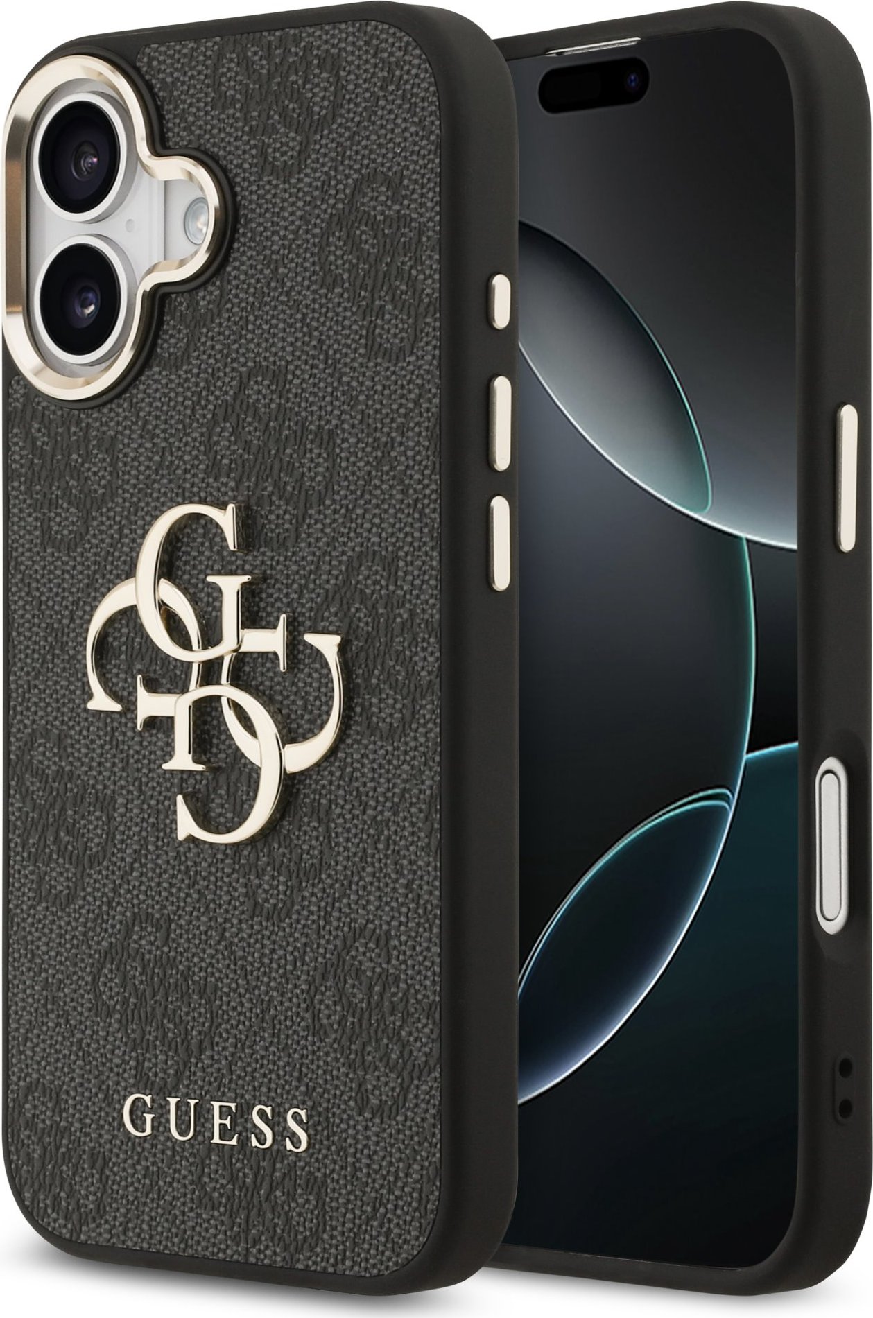 Guess PU Leather 4G Metal Logo Gold Frame Zadní Kryt pro iPhone 17 Black