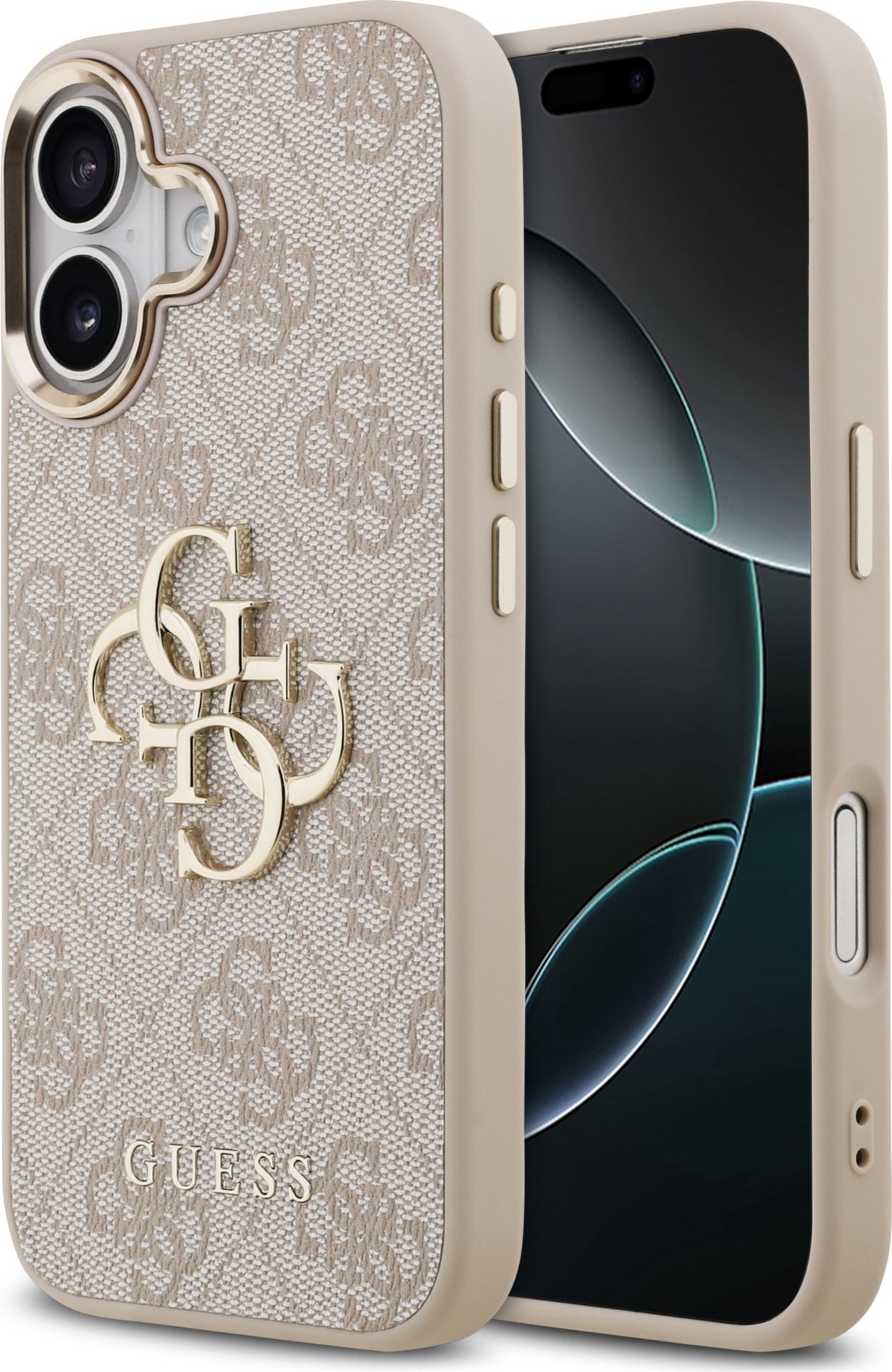 Guess PU Leather 4G Metal Logo Gold Frame Zadní Kryt pro iPhone 17 Pink