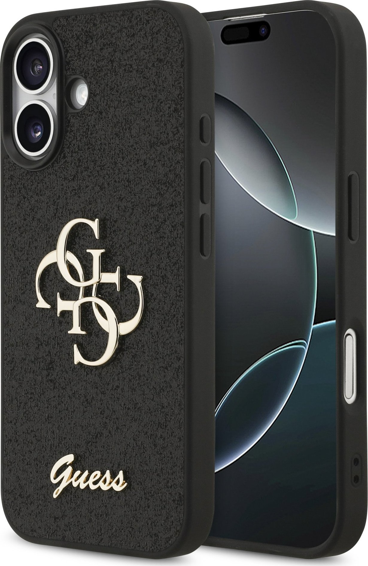 Guess PU Fixed Glitter 4G Metal Logo Zadní Kryt pro iPhone 17 Black