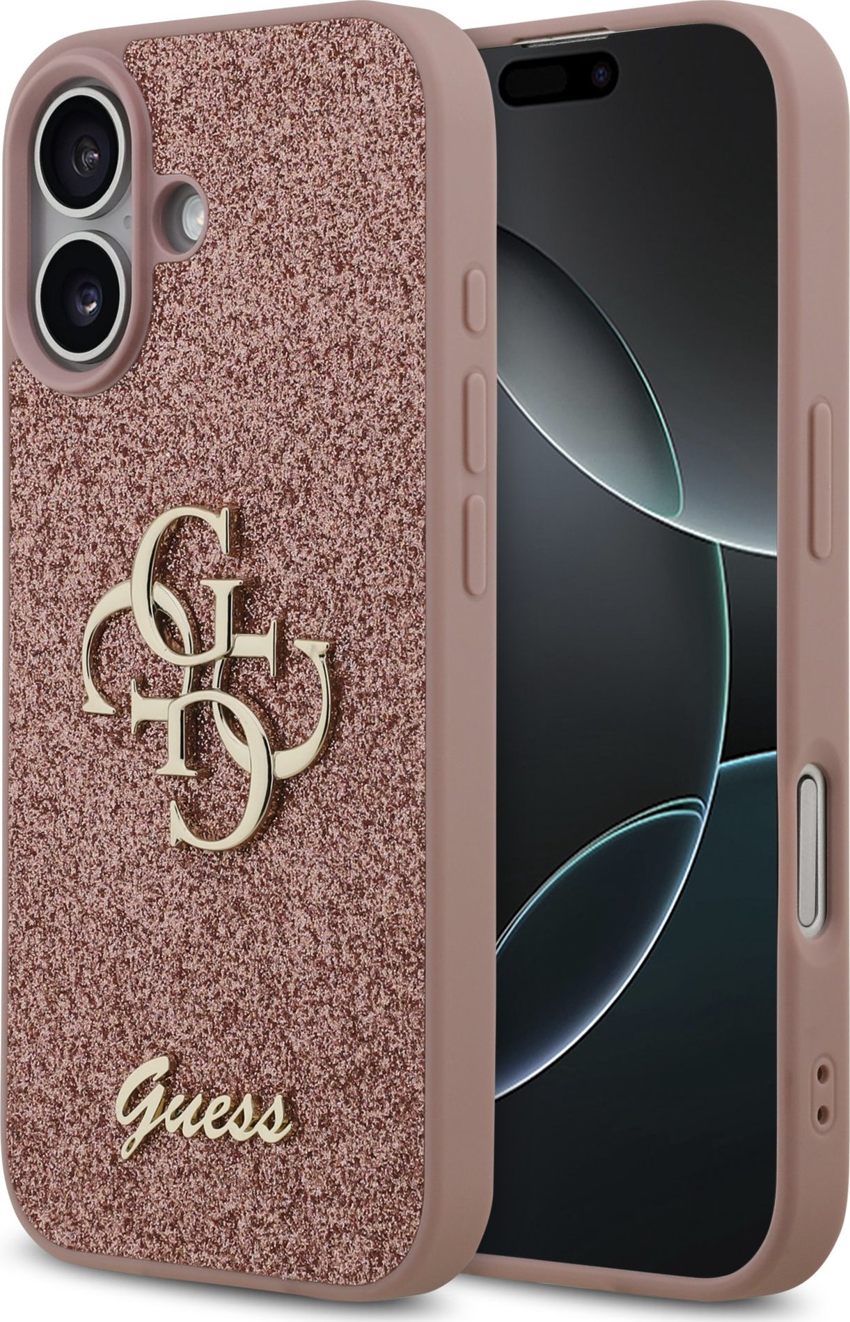 Guess PU Fixed Glitter 4G Metal Logo Zadní Kryt pro iPhone 17 Pink