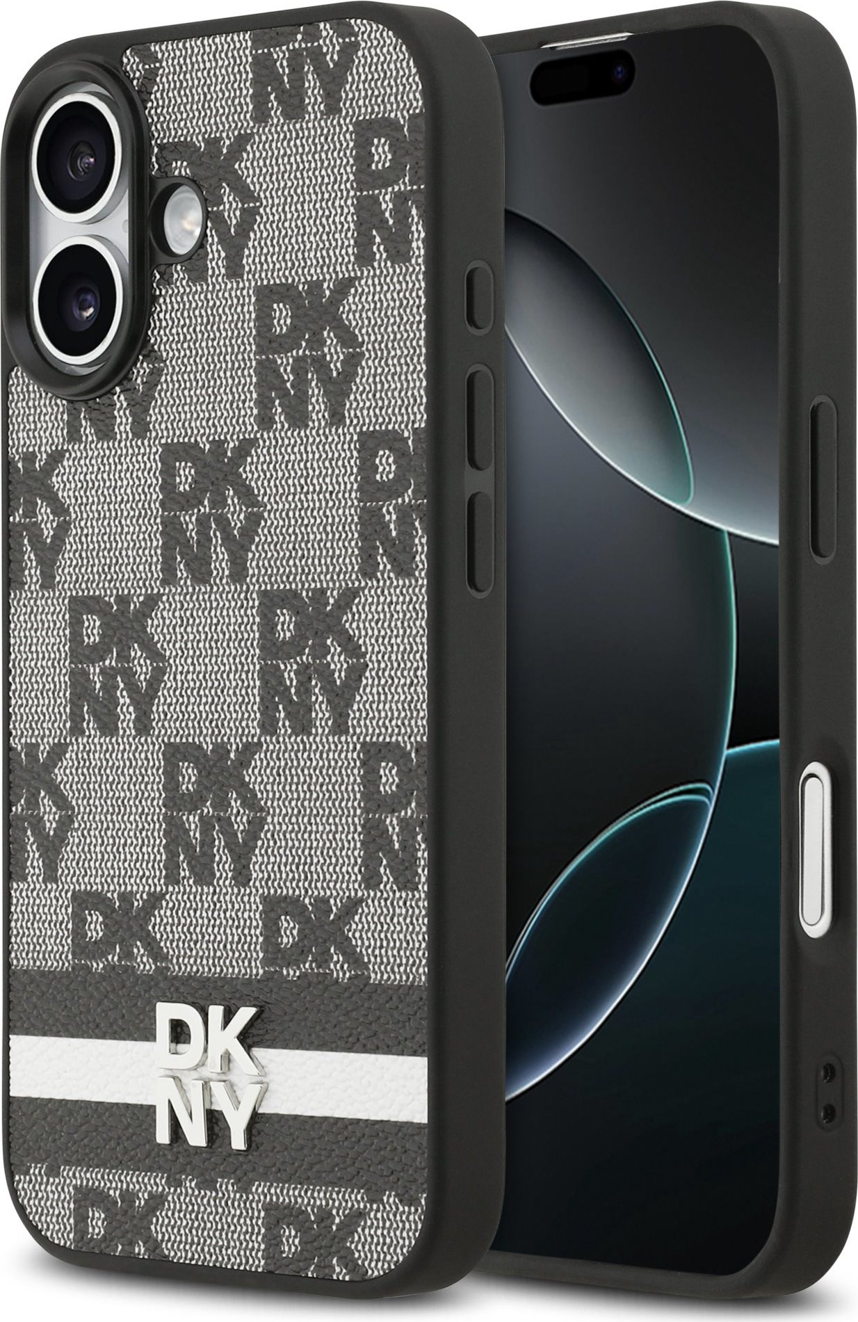 DKNY PU Leather Checkered Pattern and Stripe Zadní Kryt pro iPhone 17 Black