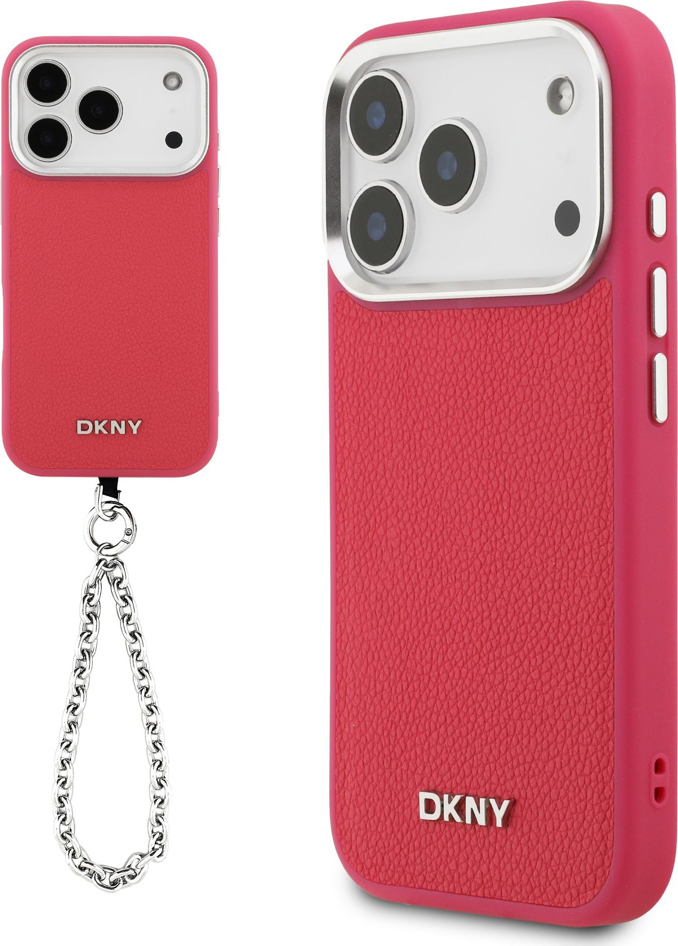 DKNY PU Leather Metal Logo Wrist Chain MagSafe Zadní Kryt pro iPhone 17 Pro Pink