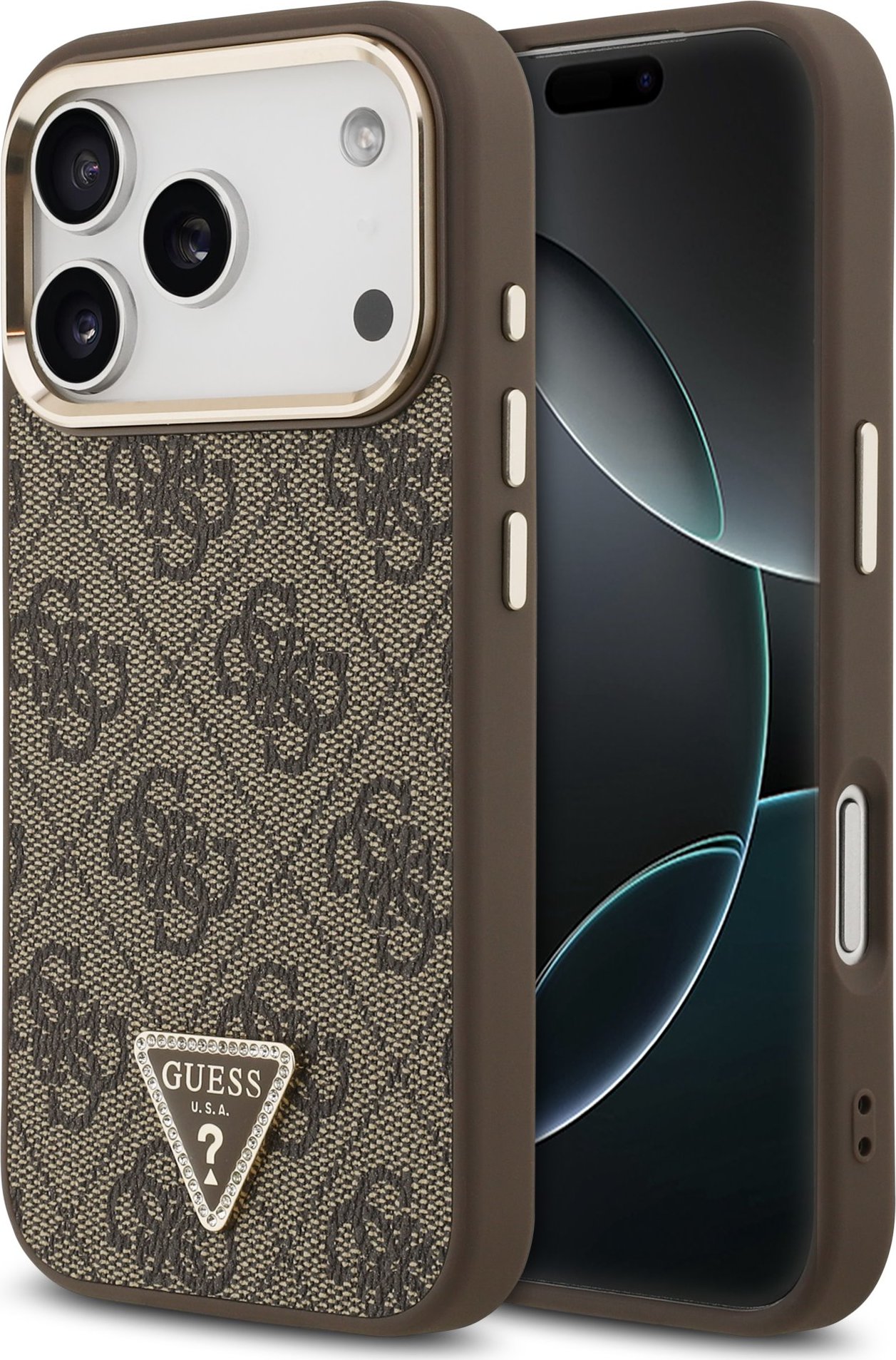 Guess PU Leather 4G Strass Triangle Logo Gold Frame MagSafe Zadní Kryt pro iPhone 17 Pro Brown