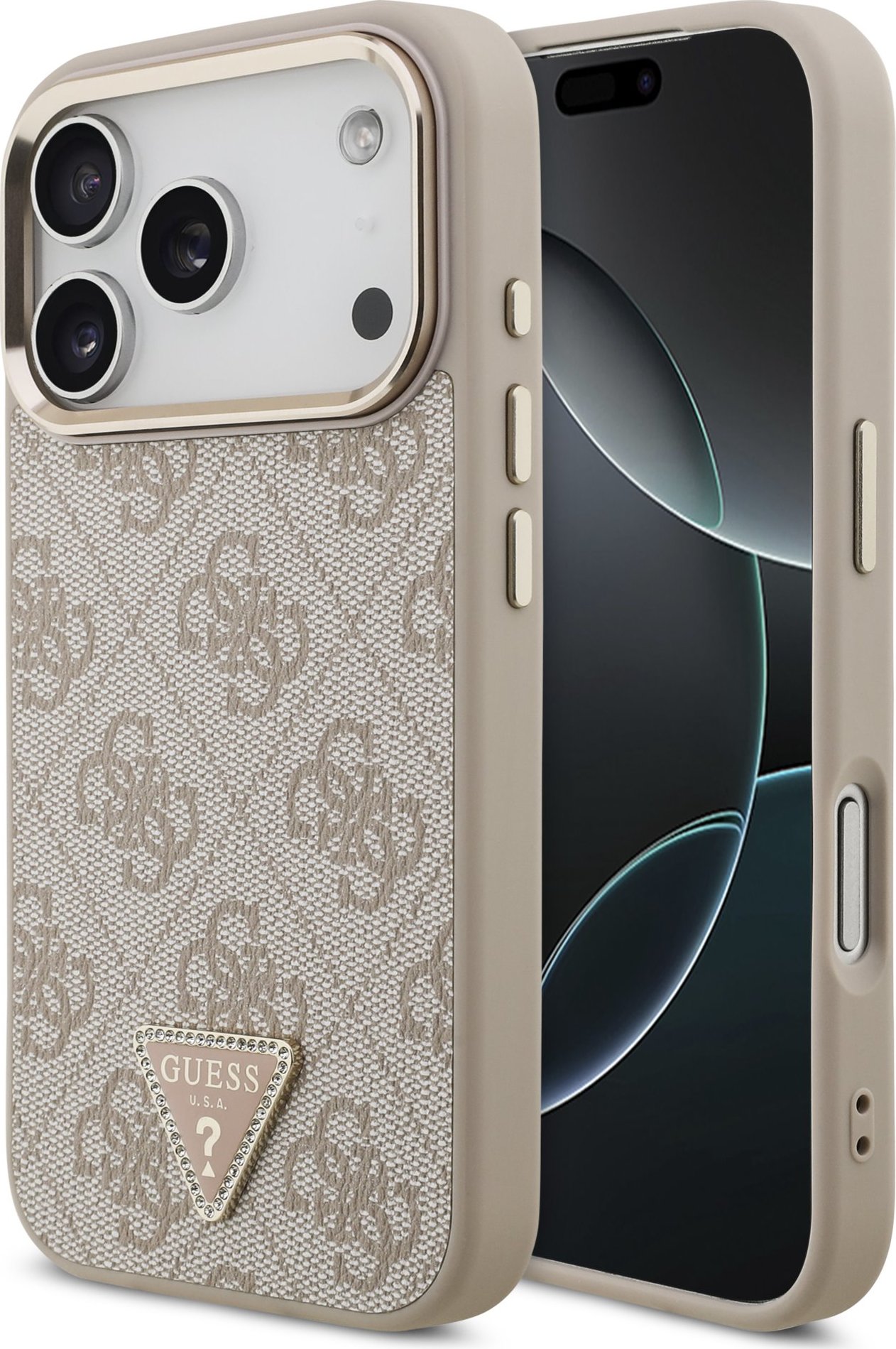 Guess PU Leather 4G Strass Triangle Logo Gold Frame MagSafe Zadní Kryt pro iPhone 17 Pro Pink