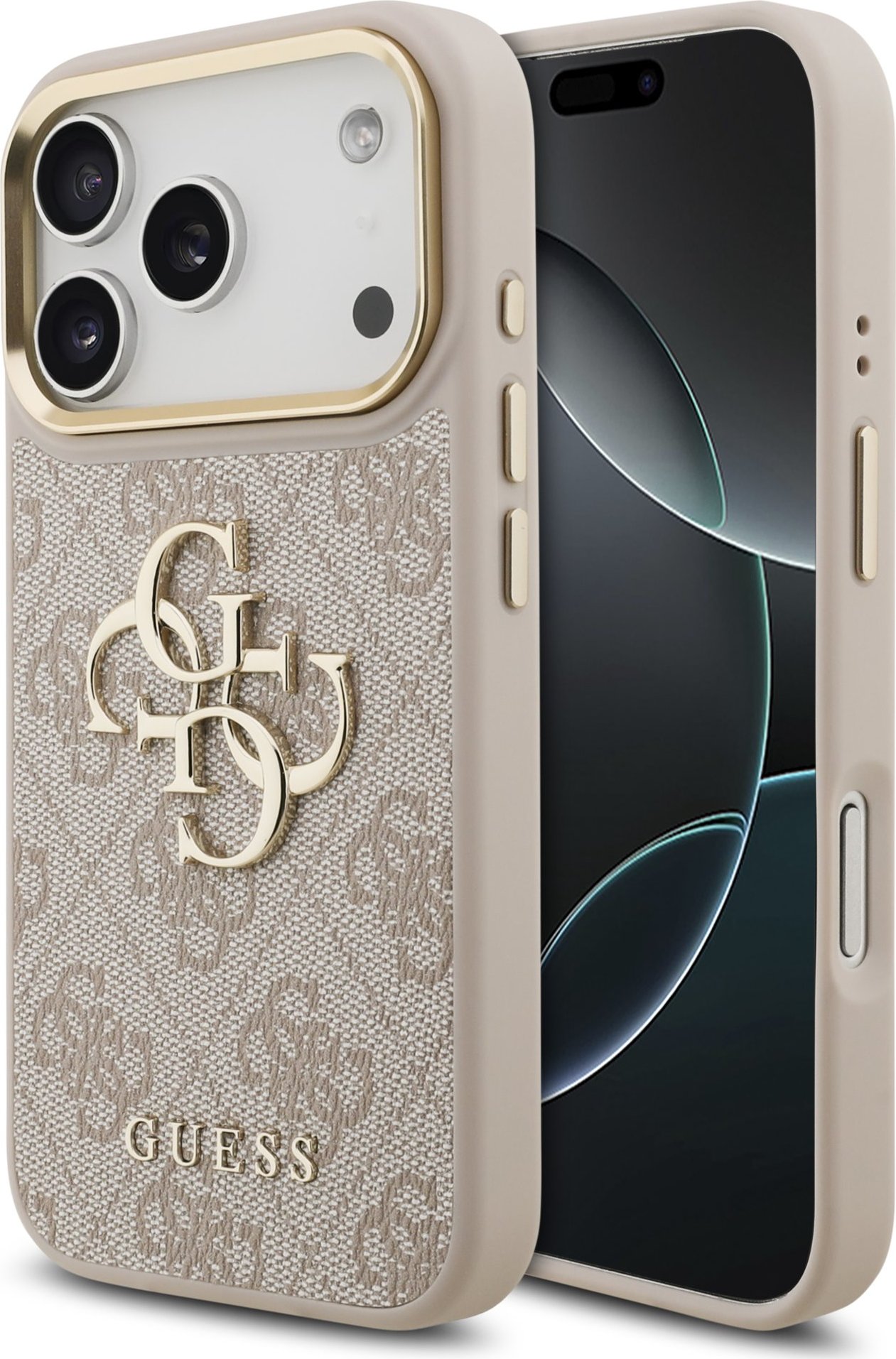 Guess PU Leather 4G Metal Logo Gold Frame Zadní Kryt pro iPhone 17 Pro Pink