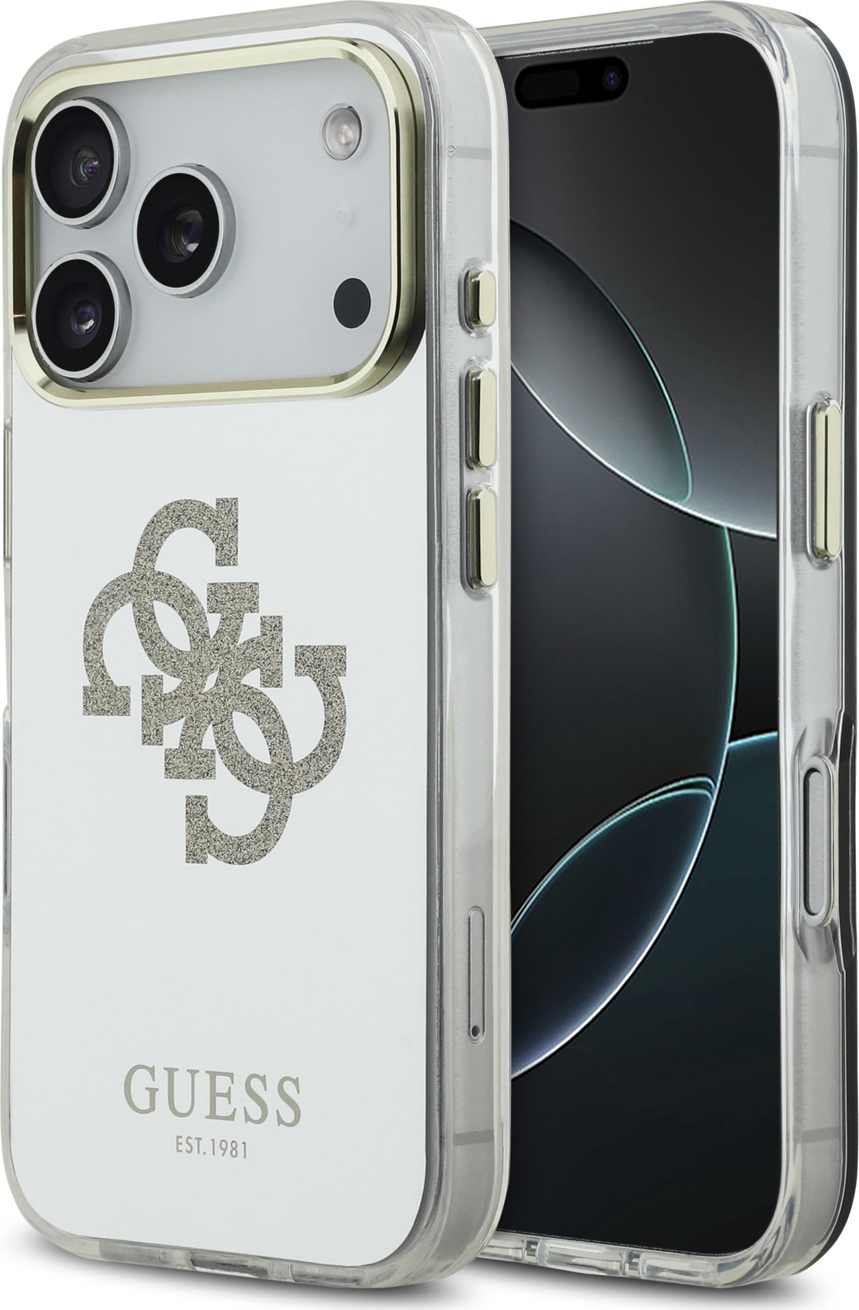 Guess PC/TPU Mirror 4G Glitter Logo MagSafe Zadní Kryt pro iPhone 17 Pro Gold