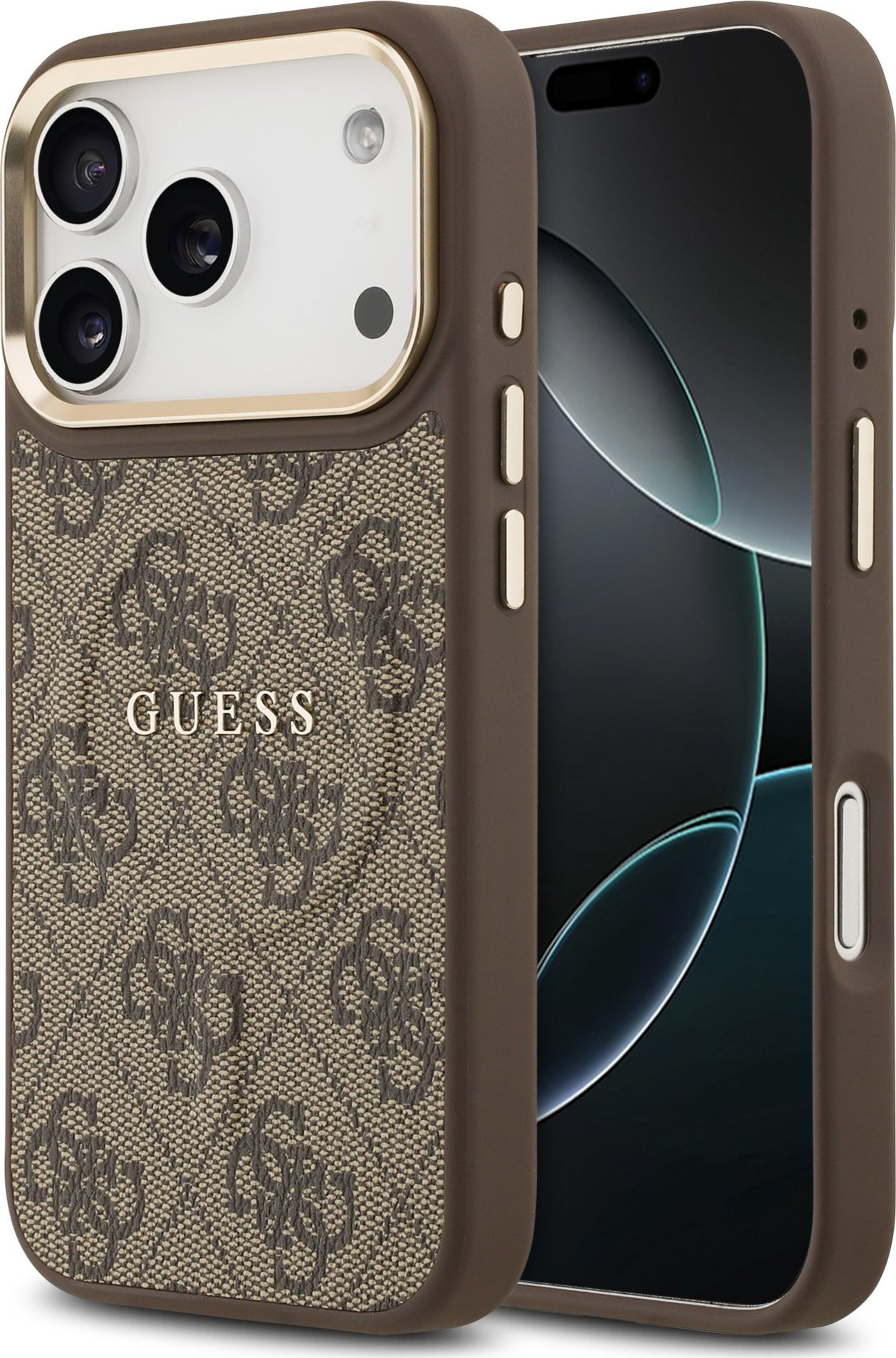 Guess PU Leather 4G Gold Frame MagSafe Zadní Kryt pro iPhone 17 Pro Brown
