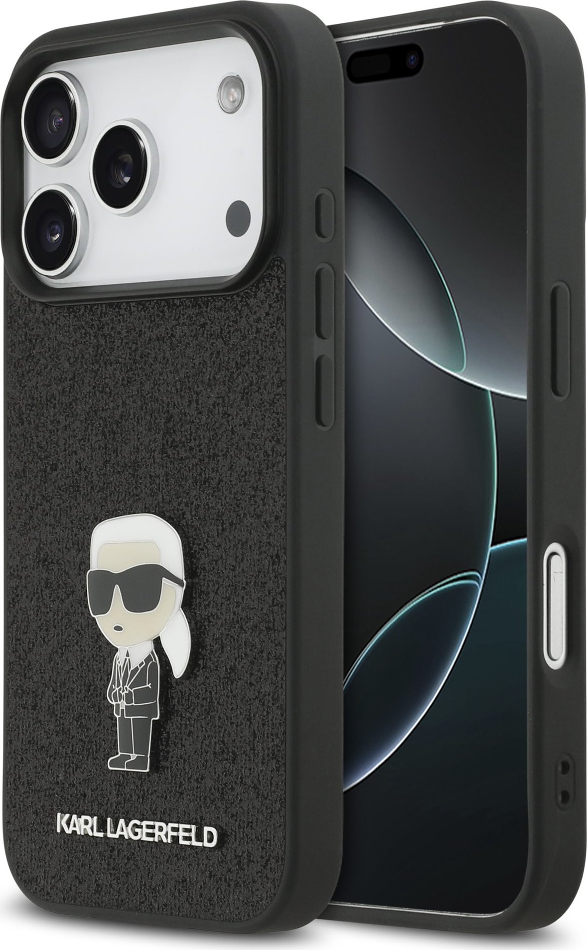 Karl Lagerfeld Fixed Glitter Metal Ikonik Zadní Kryt pro iPhone 17 Pro Black