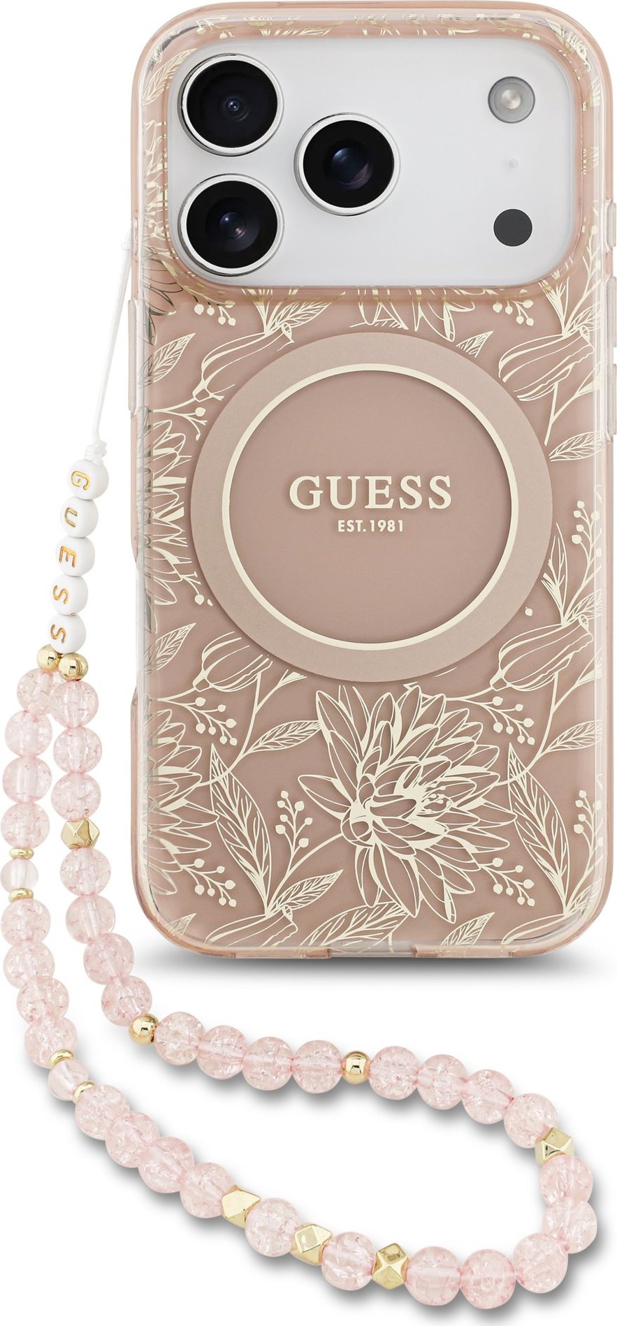 Guess IML Flowers Allover Strap MagSafe Zadní Kryt pro iPhone 17 Pro Pink