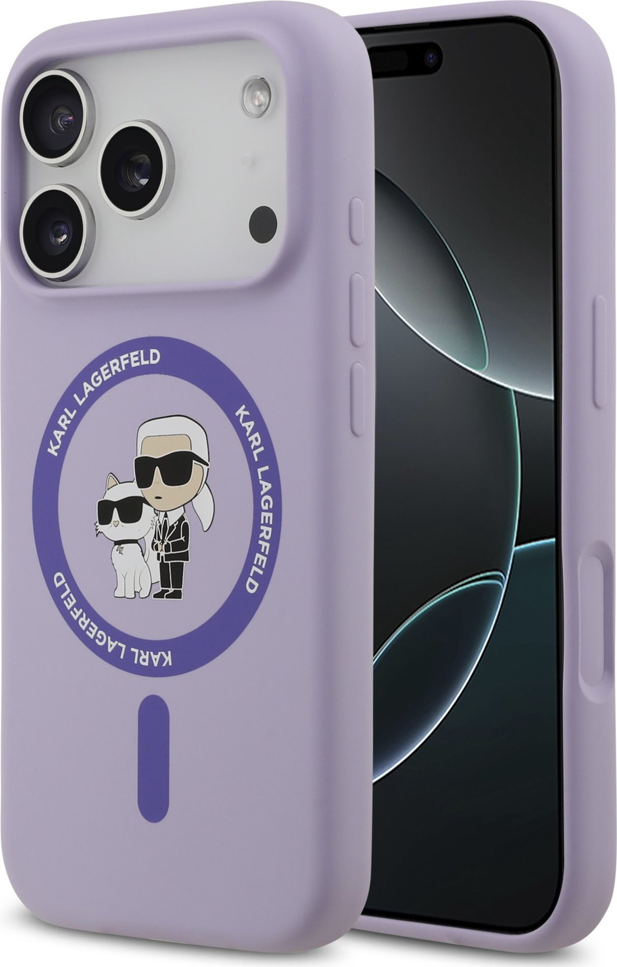 Karl Lagerfeld Liquid Silicone Karl and Choupette MagSafe Zadní Kryt pro iPhone 17 Pro Purple