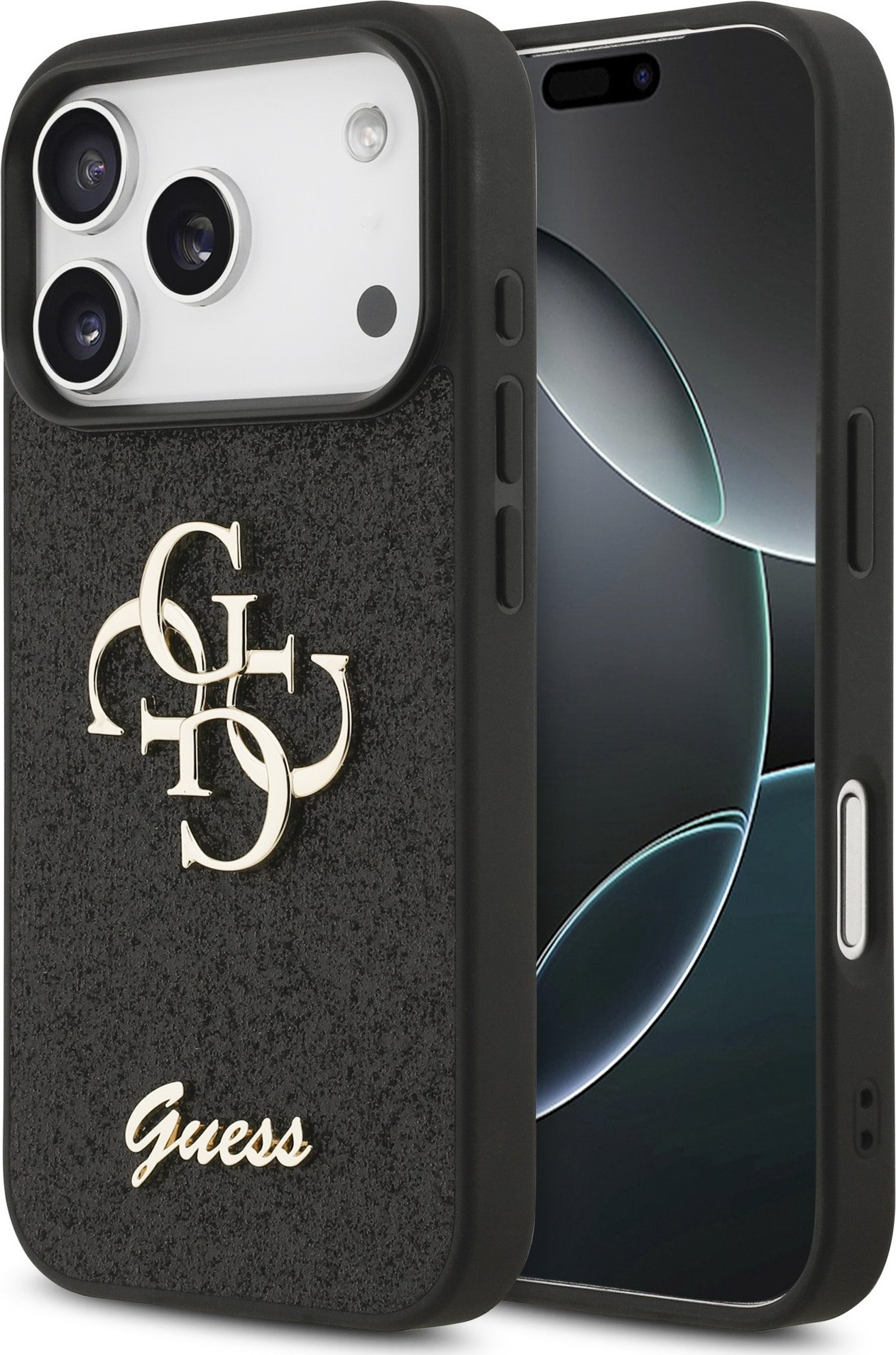 Guess PU Fixed Glitter 4G Metal Logo Zadní Kryt pro iPhone 17 Pro Black