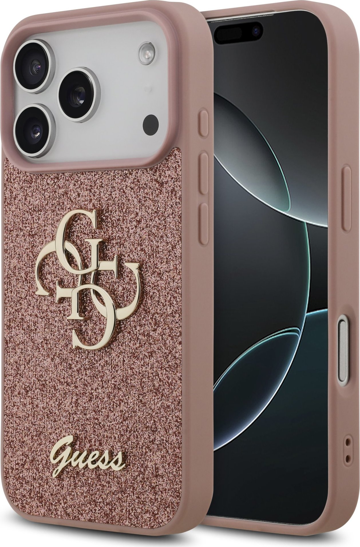 Guess PU Fixed Glitter 4G Metal Logo Zadní Kryt pro iPhone 17 Pro Pink