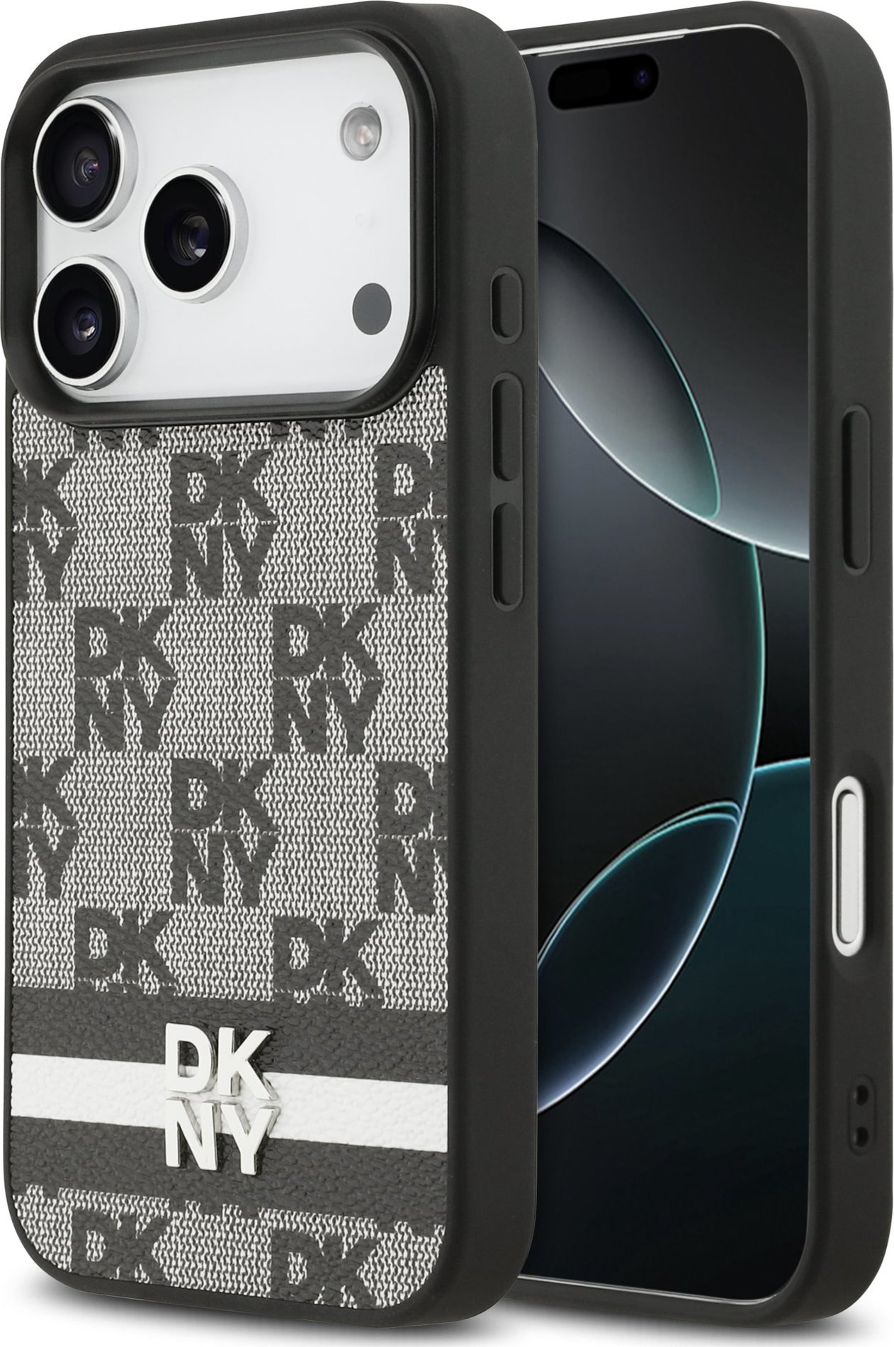DKNY PU Leather Checkered Pattern and Stripe Zadní Kryt pro iPhone 17 Pro Black