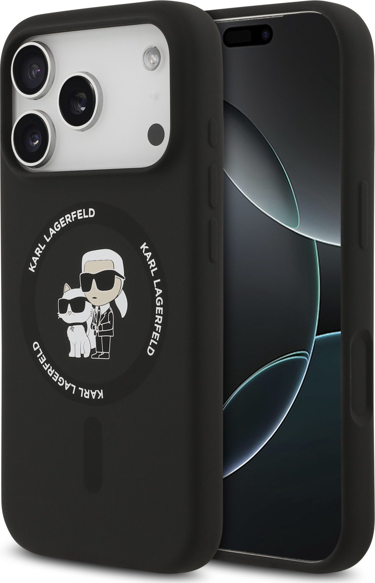 Karl Lagerfeld Liquid Silicone Karl and Choupette MagSafe Zadní Kryt pro iPhone 17 Pro Black