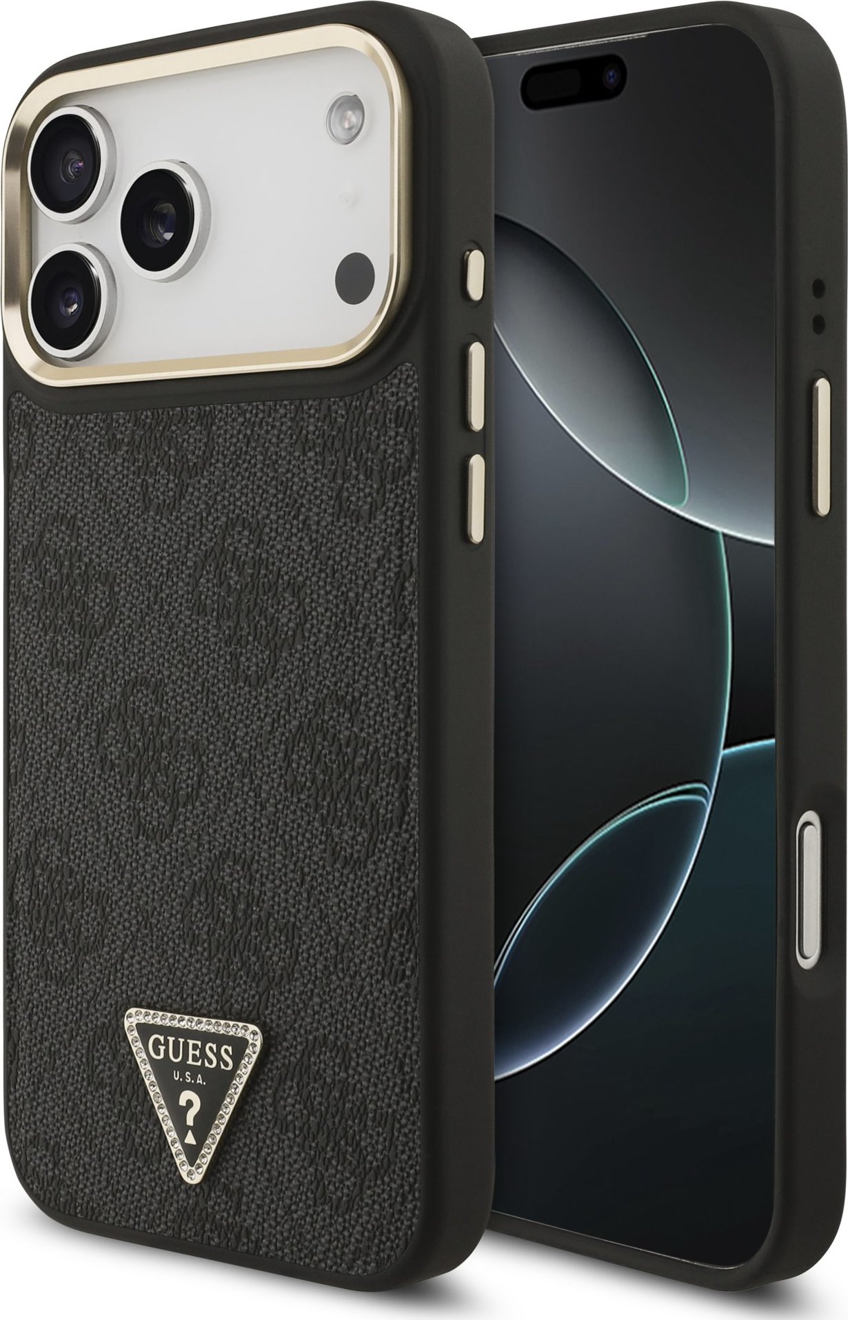 Guess PU Leather 4G Strass Triangle Logo Gold Frame MagSafe Zadní Kryt pro iPhone 17 Pro Max Black