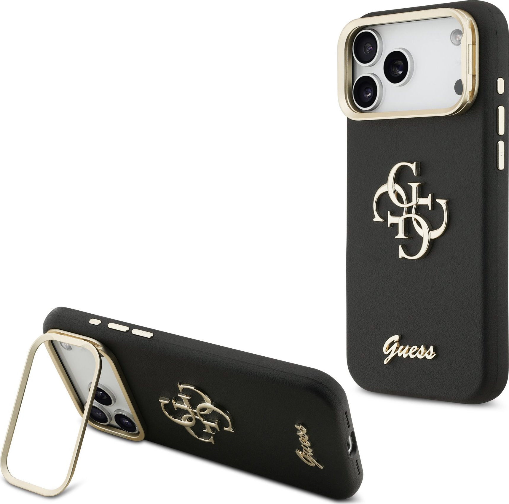 Guess PU Grained 4G Logo Stand Camera Frame Zadní Kryt pro iPhone 17 Pro Max Black