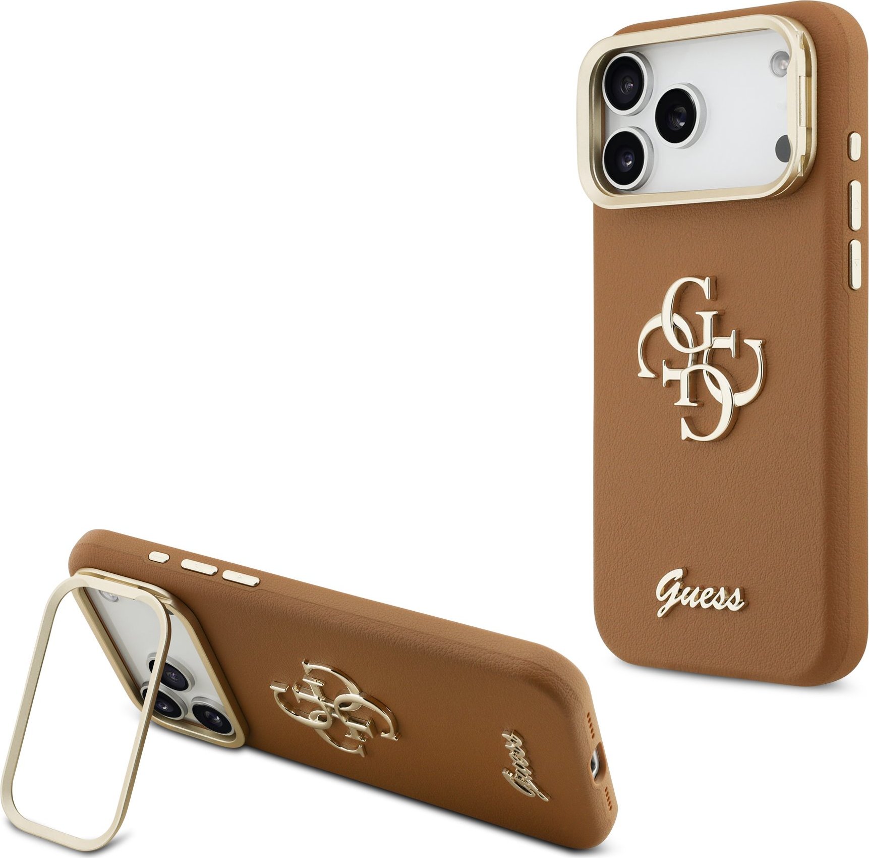 Guess PU Grained 4G Logo Stand Camera Frame Zadní Kryt pro iPhone 17 Pro Max Brown